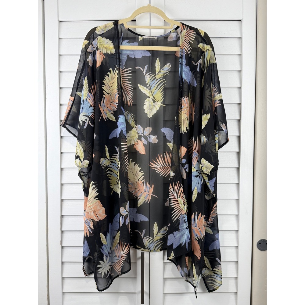 Jella C. Kimono XL Black Tropical Leaf Print Open Front Sheer Chiffon Cover Up